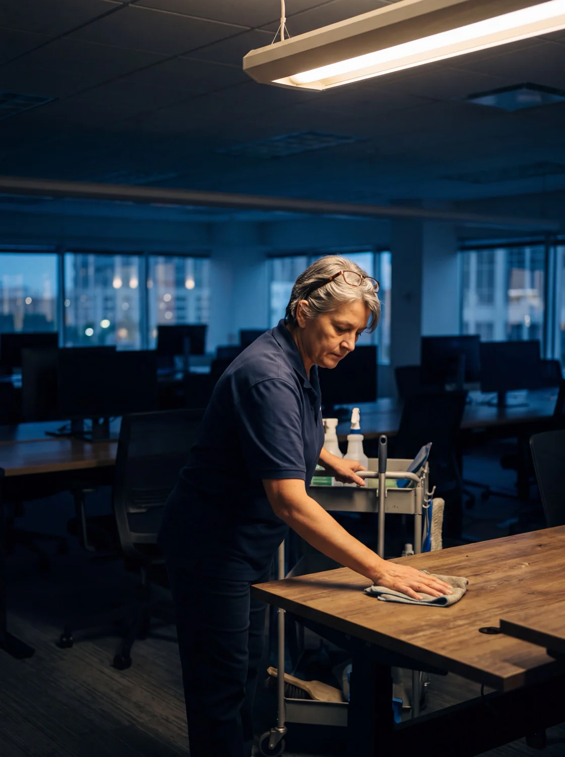 A Z&R commercial cleaner wiping down desks in an Orlando office after hours