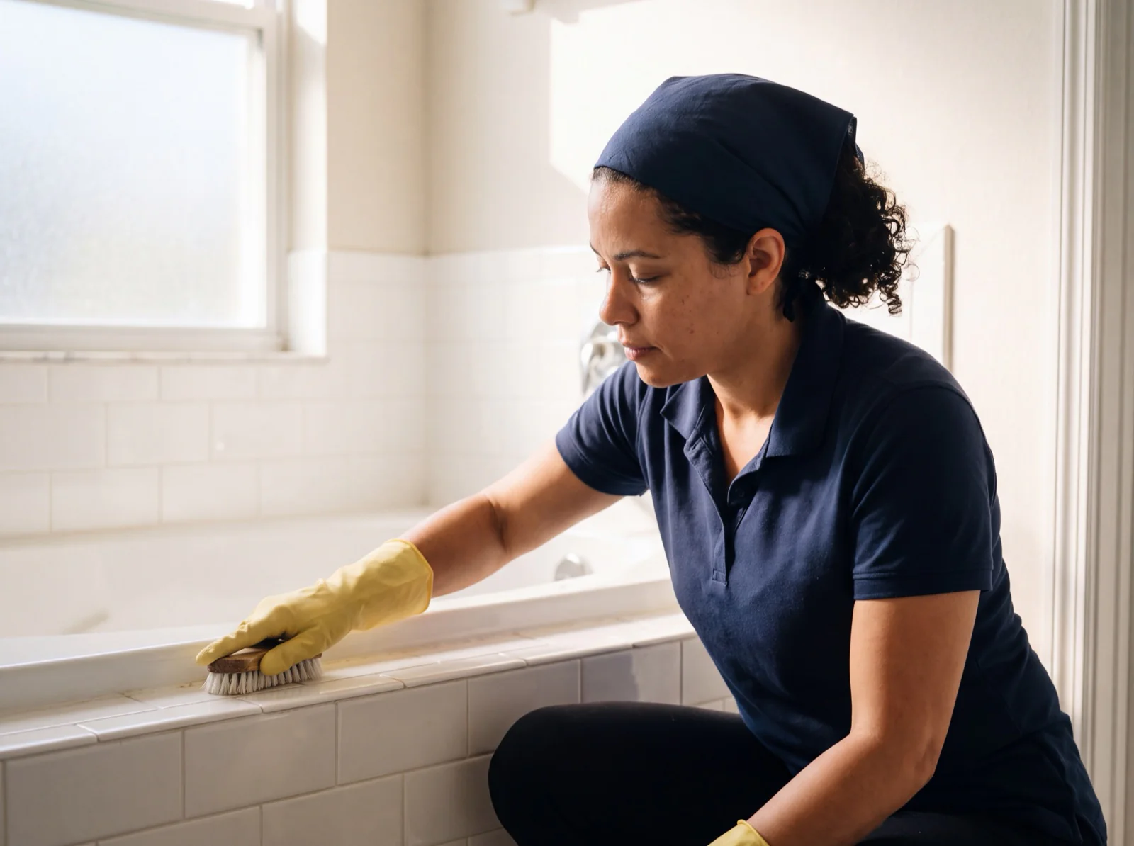 A Z&R cleaner scrubbing tile grout during a deep clean in an Orlando home